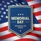Memorial Day postcard vector design, with greeting text and shield on a waving USA flag background