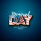 Memorial Day of the USA Vector Design Template with American Flag in 3d Letter on Light Star Pattern Background