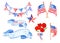 Memorial day watercolor set with US flags, stars, decorative hanging, poppies, vintage banners isolated on white background. 4th