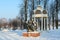 Memorial in honor of soldiers-Afghans in park of Three Heroes, winter cityscape, Senno, Vitebsk region, Belarus