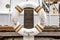 Memorial sign in form of lifebuoy in front of a sailing ship Meridianas in Klaipeda, Lithuania