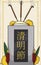 Memorial Tombstone with Offerings to Celebrate Qingming Festival, Vector Illustration