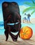 Memories of Cape Verde. African mask, orange, dancing aborigines, ocean, beach. Acrylic paint on paper.