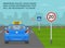 Memorize rules, road signs and other informations. Back view of a student driver car on test road with traffic signs.