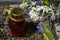 Memory candle and wilted flowers on the grave