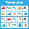 Memory game with pictures ocean animals for children, fun education game for kids, preschool activity, task for the development of