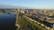 Memphis Cityscape in Tennessee.  Mississippi River and Hernando de Soto Bridge. Trafic in Background I