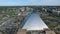 Memphis Pyramid and Observation Decks. Cityscape in Tennessee.  Mississippi River, Trafic in Background. Hernando de Soto Bridge