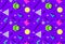 Memphis seamless pattern 80`s-90`s styles on purple background.