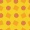 Memphis style geometric shapes vector abstract seamless pattern background. Orange yellow backdrop with waffle squares