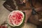 Men in Bali carving watermelon