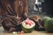 Men in Bali carving watermelon