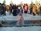 The men bathes in an ice-hole on the river