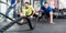 Men with battle rope in functional training fitness gym