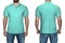 Men in blank turquoise polo shirt, front and back view, white background. Design polo shirt, template and mockup for print.