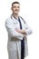 Men in Business. Natural Portrait of Professional Confident Male GP Doctor Posing in White Doctor`s Smock With Endoscope and Hand