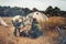 Men cutting firewood for their camping site after hiking in rural field in overcast day