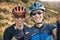 Men, cycling friends and nature selfie for race, training or shaka sign with smile in outdoor portrait. Man, mountains