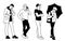 Men in different poses. Monochrome vector illustration of set of young and adult men standing in simple line art style