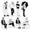 Men in different poses. Monochrome vector illustration of set of young and adult men standing and sitting in simple line