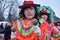 Men dressed as mexican woman dancing and playing maraca at traditional Pereberia means `change clothes` carniva,Ukrainel