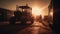 Men driving heavy machinery at construction site during sunset generated by AI