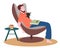 Men fall asleep when reading sit on chair white isolated background with flat cartoon style