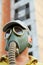 Men in gas mask on destroyed building background. Apocalyptic co