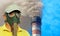 Men gas mask on industrial smoking pipe background taken closeup