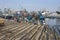 Men gather on the slipway at the Atlantic Ocean port of Essaouira in Morocco.