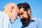Men generations: grandfather and father together. Elderly Senior man and bearded son - two generation concept. Father