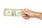 A Men hand holding one dollar bill on white background.