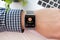 Men hands smart touch watch with app tracking delivery package