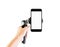 Men hold equipment to make phone to reduce vibration. Make a slide up and make video easier, on isolated white background