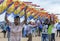 Men hold a Japanese kite on Negombo beach in Sri Lanka.