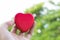 Men holding heart shaped box red color on tree blury background. using wallpaper or background for care photo