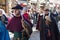 Men in medieval costume holding predatory birds at traditional parade of Epiphany Befana medieval festival in Florence, Tuscany, I