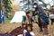 men in national Scottish costumes show a historical scene