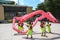 Men performs the Dragon dancing to practise prepare for lunar New Year at a Pagoda