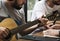 Men Play Guitar Write Song Music Rehearsal