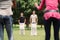 Men playing sack race with girlfriends cheering