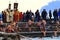 Men racing for the cross Epiphany Ceremony Varna beach pier Bulgaria