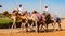 Men ride camels with others nearby to train for racing in close