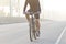 Men riding bicycles on the bridge haze.