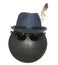 Men`s blue hat with a bird feather and dark safety glasses on a black plastic ball isolated on white background