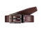 Men`s brown leather belt with dark matted metal buckle isolated on white