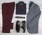 Men`s casual outfits for man clothing set with shoes, trousers, shirt, and bowtee on wooden background, Top view