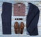 Men`s casual outfits for men clothing set with shoes, trousers, shirt on wooden background, Top view