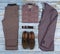 Men`s casual outfits for men clothing set with shoes, trousers, shirt on wooden background, Top view