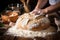 Men\\\'s hands in flour on homemade rustic organic bread. Homemade baking